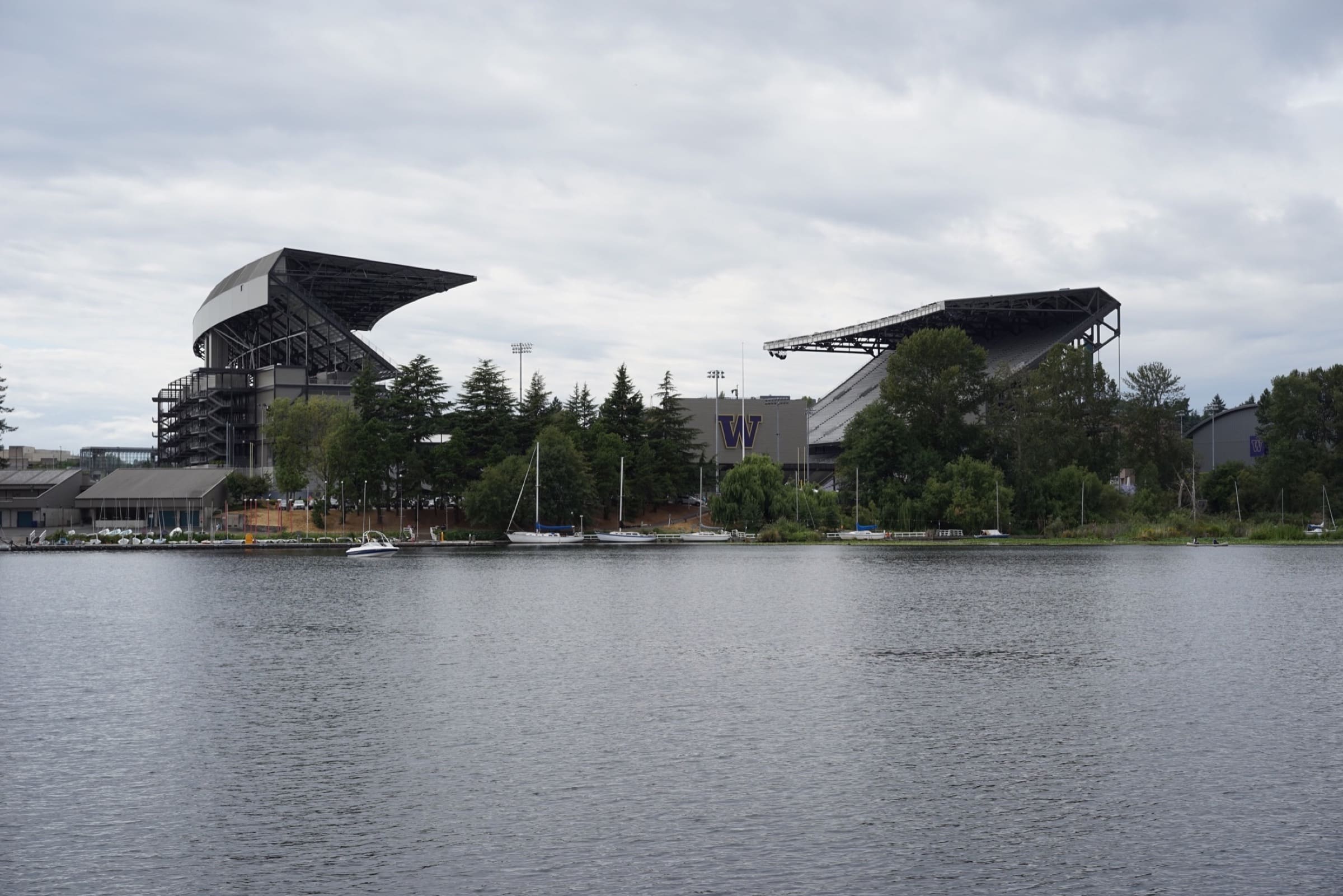 Husky Stadium and the University of Washington campus viewed across Lake Washington